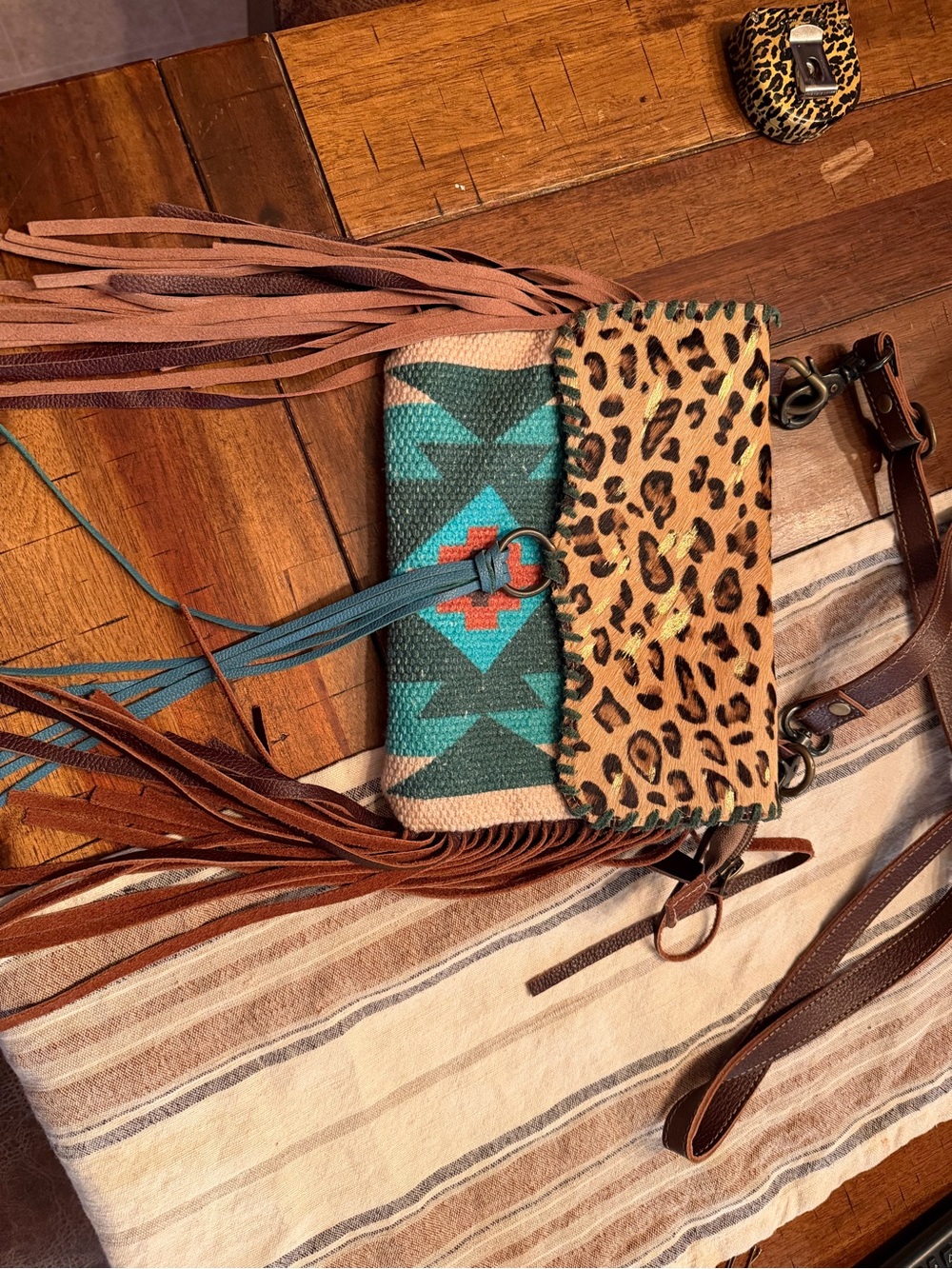 Myra Bag Leopard & Turquoise Fringe Crossbody